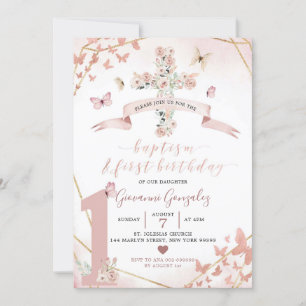 Invitación Baptismo de mariposas rosadas de Boho Rubor y prim
