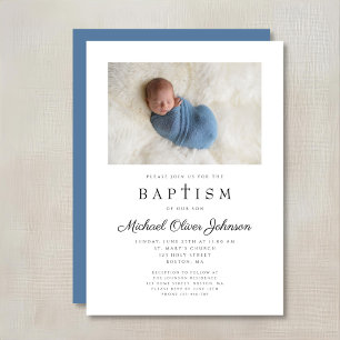 Invitación Baptismo de niño azul de foto cruzada religiosa