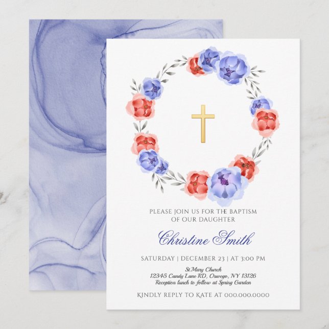 Invitación Baptismo De Niño Chica Floral Azul Y Rojo (Anverso / Reverso)
