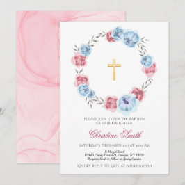 Invitación Baptismo De Niño Chica Floral Rosa Azul Y Rubor