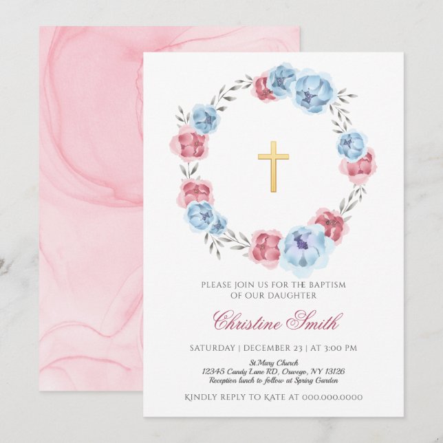 Invitación Baptismo De Niño Chica Floral Rosa Azul Y Rubor (Anverso / Reverso)