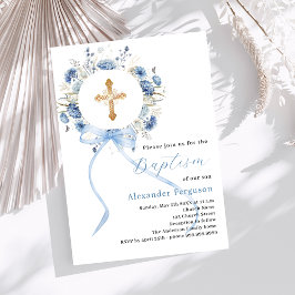 Invitación Baptismo de niño con cruz floral azul