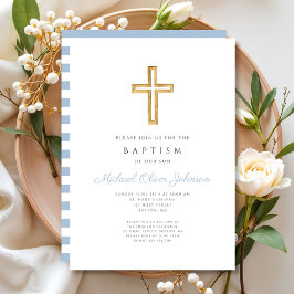 Invitación Baptismo de niño con escritura azul de cruz religi