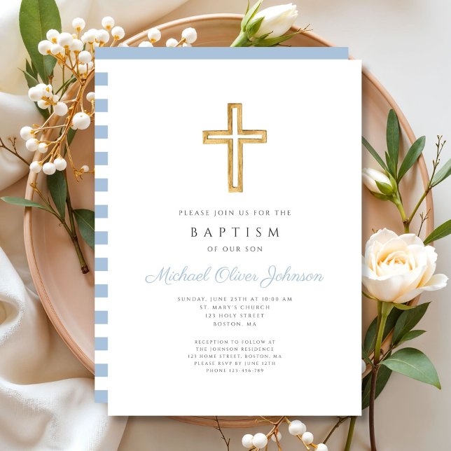 Invitación Baptismo de niño con escritura azul de cruz religi (Religious Cross Baby Blue Script Boy Baptism Invitation)