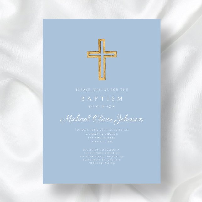 Invitación Baptismo de niño con escritura azul de cruz religi (Religious Cross Baby Blue Script Boy Baptism Invitation)
