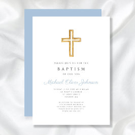 Invitación Baptismo de niño con escritura azul de cruz religi