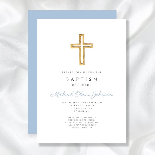 Invitación Baptismo de niño con escritura azul de cruz religi (Religious Cross Baby Blue Script Boy Baptism Invitation)