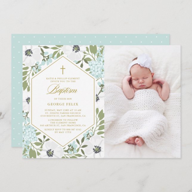 Invitación Baptismo de niño con foto floral azul de Anemones  (Anverso / Reverso)