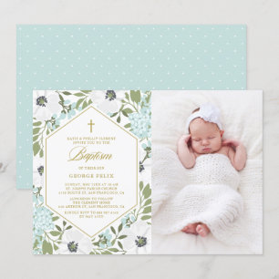 Invitación Baptismo de niño con foto floral azul de Anemones 