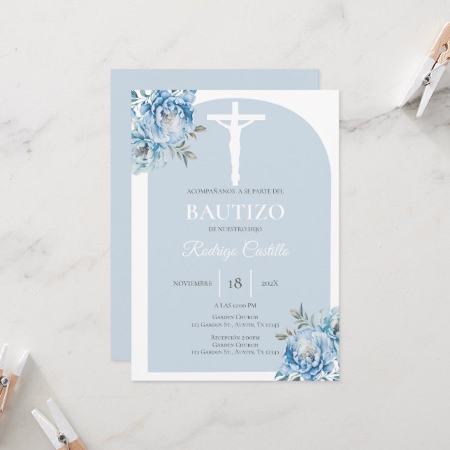 Invitación Baptismo de niño floral azul español (Anverso/Reverso In Situ)