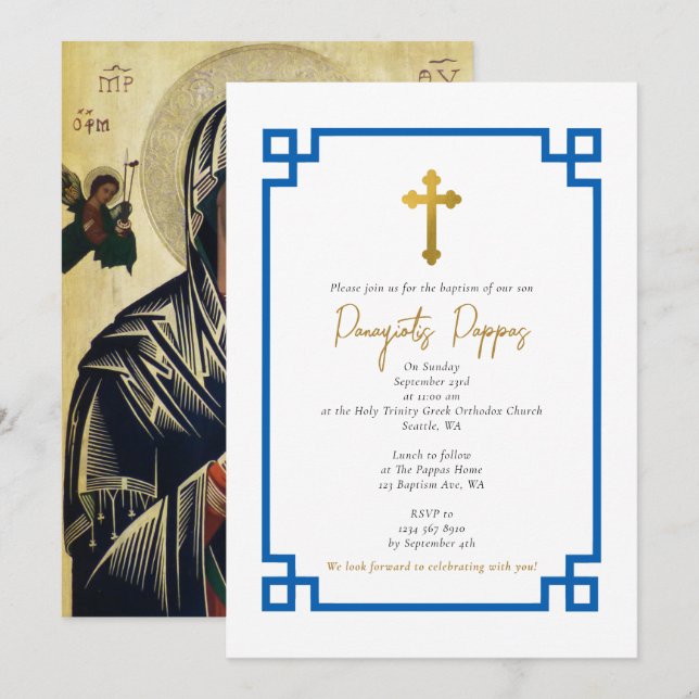 Invitación Baptismo de niño griego ortodoxo cristiano con cla (Anverso / Reverso)