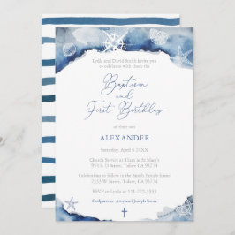 Invitación Baptismo de niño marítimo azul oscuro Fiesta de cu