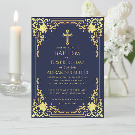 Invitación Baptismo de niño Primer cumpleaños Marina Oro Azul