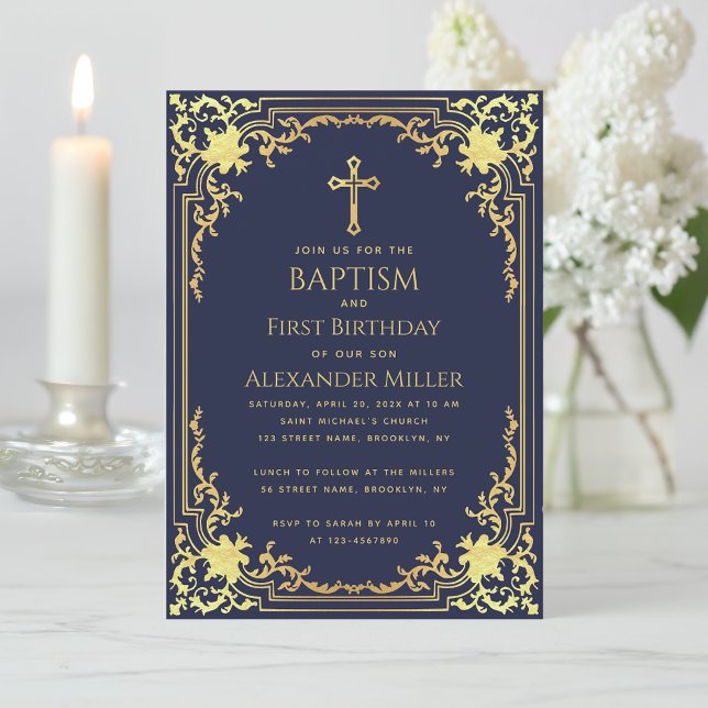 Invitación Baptismo de niño Primer cumpleaños Marina Oro Azul (Subido por el creador)