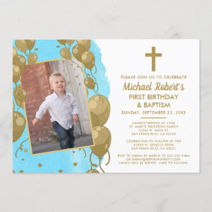 Invitación Baptismo de oro azul Primer cumpleaños Foto de tex