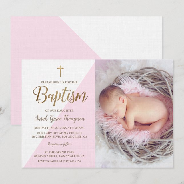 Invitación Baptismo de oro blanco rosado foto de niña (Anverso / Reverso)