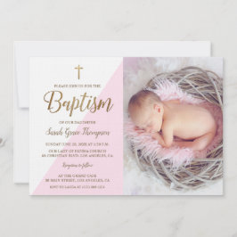 Invitación Baptismo de oro blanco rosado foto de niña