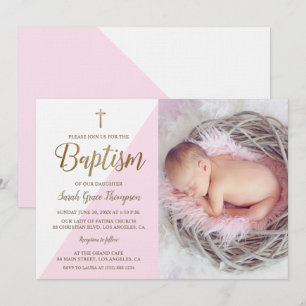 Invitación Baptismo de oro blanco rosado foto de niña