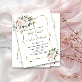Invitación Baptismo de oro de Flores blancas de Bautizo