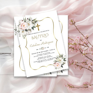 Invitación Baptismo de oro de Flores blancas de Bautizo