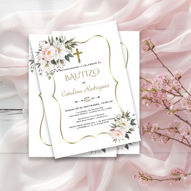Invitación Baptismo de oro de Flores blancas de Bautizo (Subido por el creador)