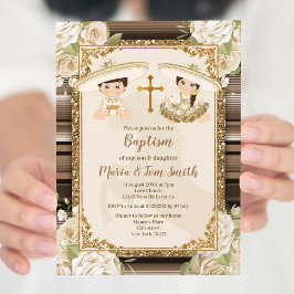 Invitación Baptismo de oro Fiesta Floral Twin Boy y Chica
