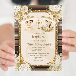 Invitación Baptismo de oro Fiesta Floral Twin Boy y Chica
