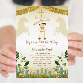 Invitación Baptismo de oro primer cumpleaños floral mexicana