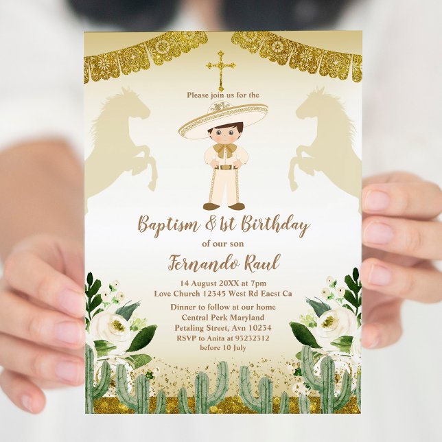 Invitación Baptismo de oro primer cumpleaños floral mexicana (Subido por el creador)