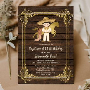 Invitación Baptismo de Oro Primera Madera Rustica Mexicana de