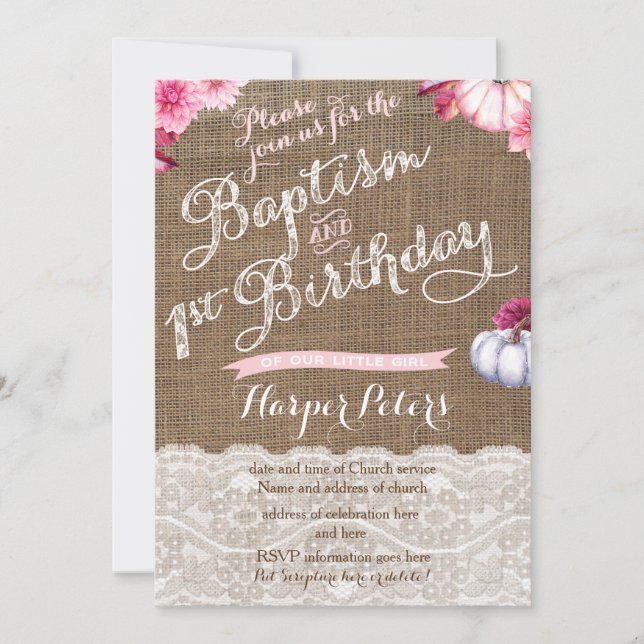 Invitación Baptismo de otoño Celebración del primer cumpleaño (Anverso)