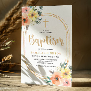 Invitación Baptismo de ovalación de oro floral naranja