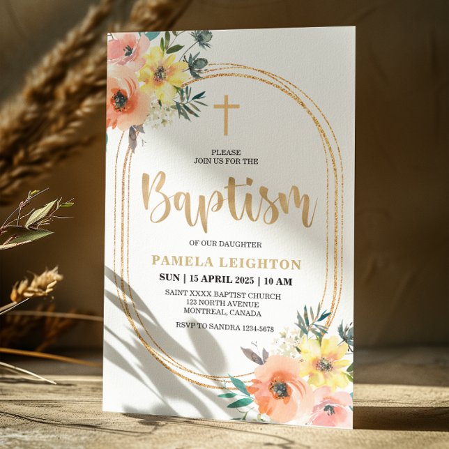Invitación Baptismo de ovalación de oro floral naranja (Subido por el creador)