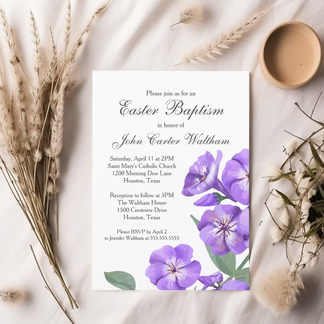 Invitación Baptismo de Pascua Agua Morada Floral Hermosa (Subido por el creador)