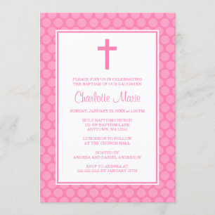 Invitación Baptismo de punto de polka blanco rosa