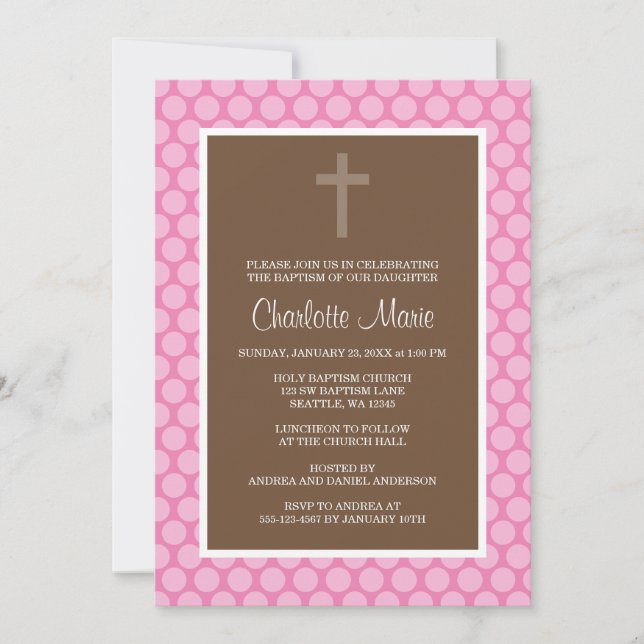 Invitación Baptismo de punto de polka marrón rosa (Anverso)
