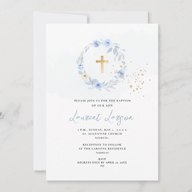 Invitación Baptismo de Rosas azules y polvorientos de ArtsApp (Anverso)