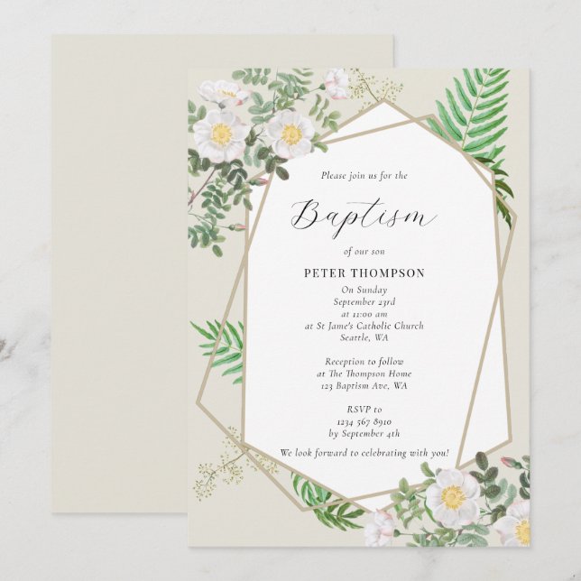 Invitación Baptismo de rosas blancas de verde geométrico de o (Anverso / Reverso)