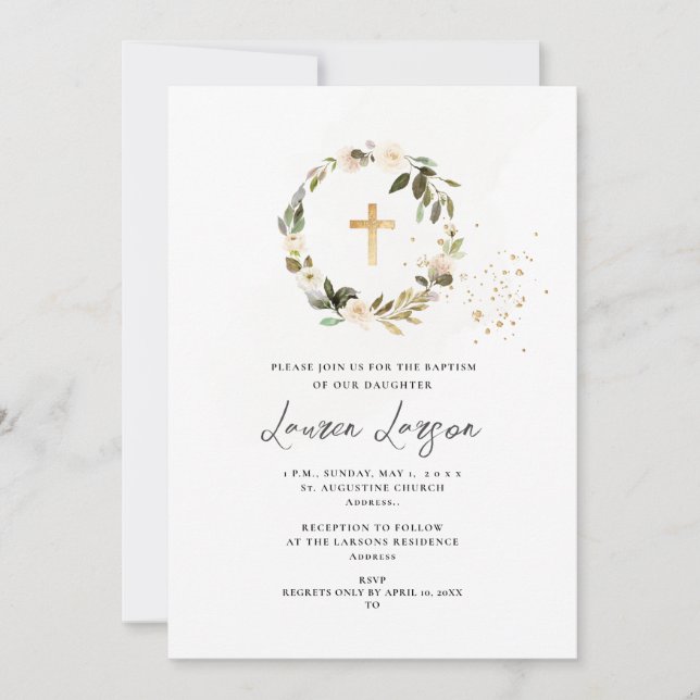 Invitación Baptismo de Rosas de ArtsApp Elegant H2 Alabaster (Anverso)