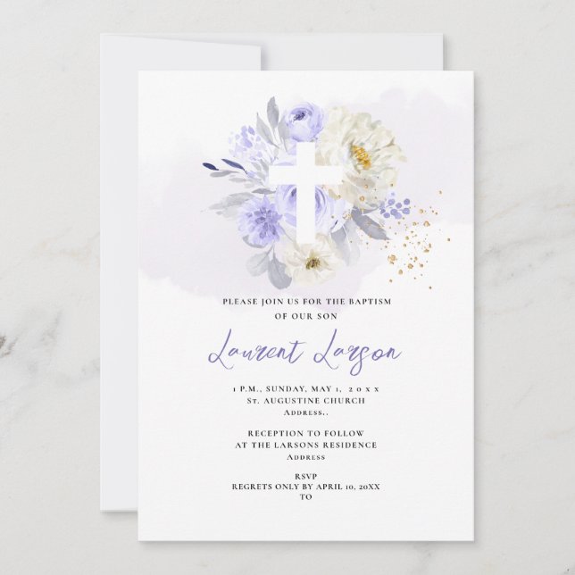 Invitación Baptismo de Rosas morados y polvorientos de ArtsAp (Anverso)