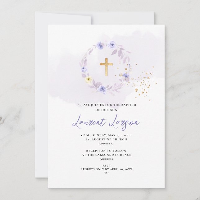 Invitación Baptismo de Rosas morados y polvorientos de ArtsAp (Anverso)