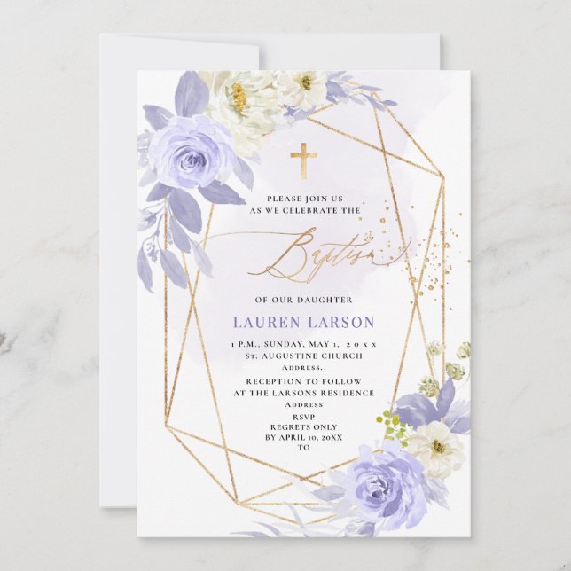 Invitación Baptismo de Rosas morados y polvorientos de ArtsAp (Anverso)
