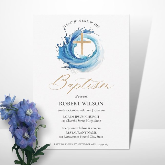Invitación Baptismo de travesía de oro de agua azul (Subido por el creador)