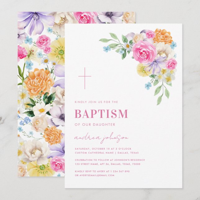 Invitación Baptismo de verano de primavera floral en los jard (Anverso / Reverso)