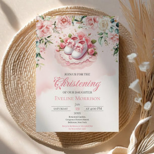Invitación Baptismo de zapatos de bebé floral rosa elegante