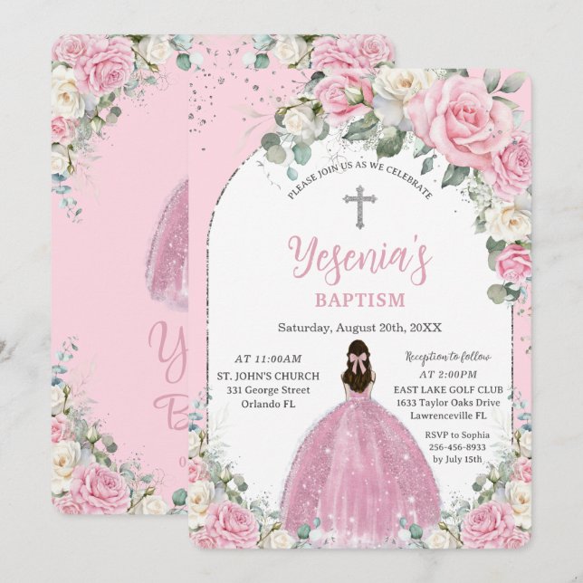 Invitación Baptismo del arco plateado floral blanco rosado de (Anverso / Reverso)