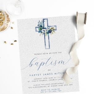 Invitación Baptismo del bebé de la Cruz Floral Azul Dusto