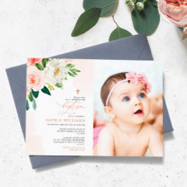 Invitación Baptismo del Chica de fotos con flores de rosa de 