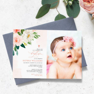 Invitación Baptismo del Chica de fotos con flores de rosa de 