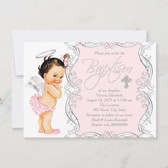 Invitación Baptismo del Chica del Ángel Rosa del Bebé (Anverso)